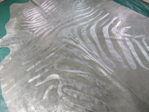 Silver Metallic Zebra Print Cowhide Rug (one stitch in the middle) Size: 8x7 feet M-1029