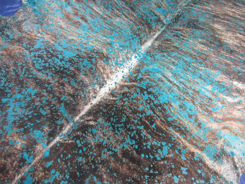 Huge Brindle Cowhide Rug with Turquoise Acid Washed Size: 8.2x7.5 feet C-1761