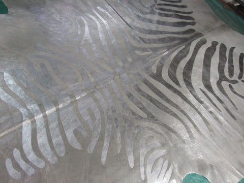 Silver Metallic Zebra Print Cowhide Rug (one stitch in the middle) Size: 8x7 feet M-1029