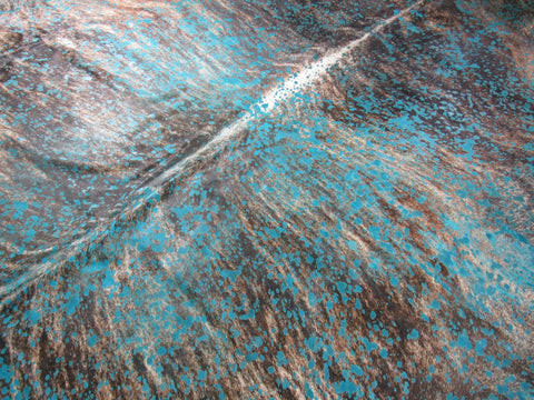 Huge Brindle Cowhide Rug with Turquoise Acid Washed Size: 8.2x7.5 feet C-1761