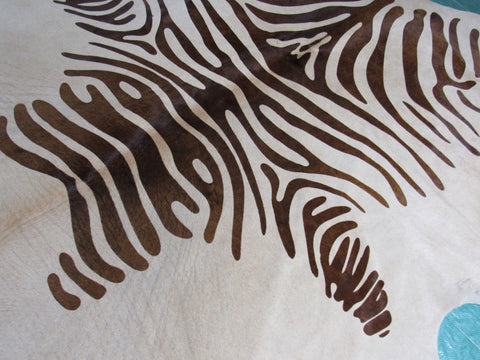 Beige Zebra Cowhide Rug (brown stripes/ perfect quality but big stitch) Size: 7.5x6.5 feet M-1039