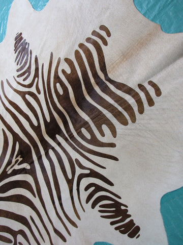 Beige Zebra Cowhide Rug (brown stripes/ perfect quality but big stitch) Size: 7.5x6.5 feet M-1039