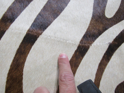 Beige Zebra Cowhide Rug (brown stripes/ perfect quality but big stitch) Size: 7.5x6.5 feet M-1039