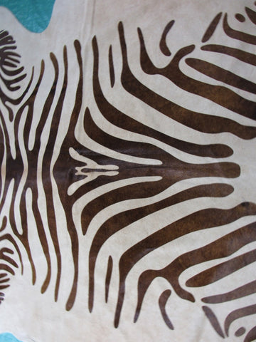 Beige Zebra Cowhide Rug (brown stripes/ perfect quality but big stitch) Size: 7.5x6.5 feet M-1039