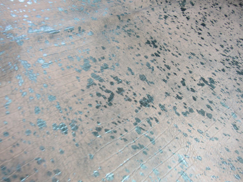 White Cowhide Rug with Crocodile Embossing and Turquoise Metallic Acid Washed - Size: 7.7x6.7 feet O-295