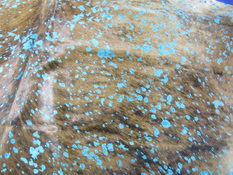 Medium Brindle Cowhide Rug with Turquoise Acid Washed Size: 7x6.2 feet C-1772