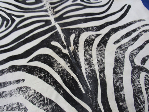 Distressed Zebra Print Cowhide Rug (some beige in the center/ 4 stitches) Size: 7.7x6.2 feet C-1789