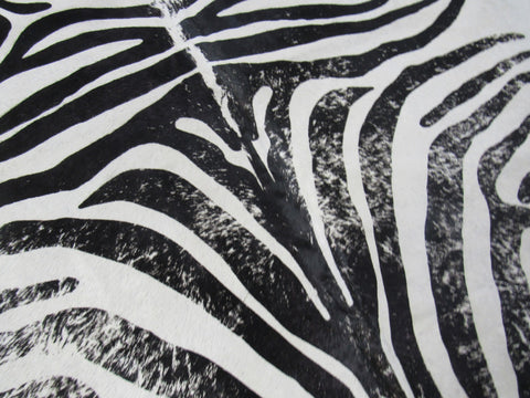 Distressed Zebra Print Cowhide Rug (some beige stripes/ fire brand) Size: 7.7x6.2 feet C-1790