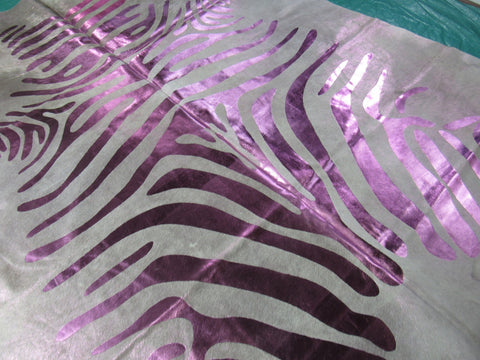 Pink Metallic Zebra Cowhide Rug Size: 7.5x7 feet C-1560