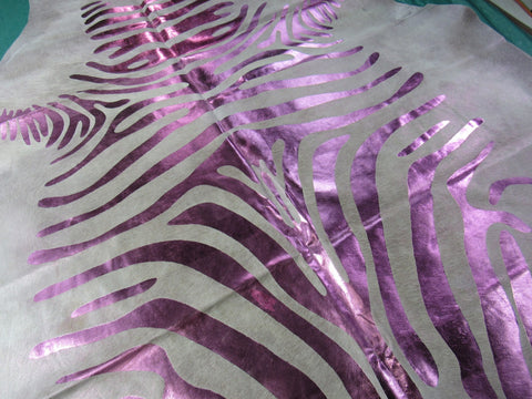 Pink Metallic Zebra Cowhide Rug Size: 7.5x7 feet C-1561