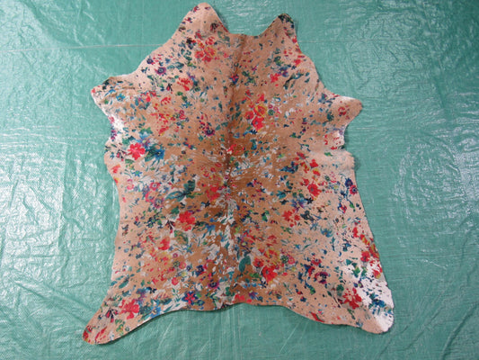 Light Brown Calf Skin Rug with Floral Acid Washed Size: 34x28" C-1562