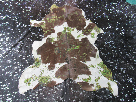 Brown & White Calf Skin Rug with Leopard Acid Washed Size: 38x34" C-1565