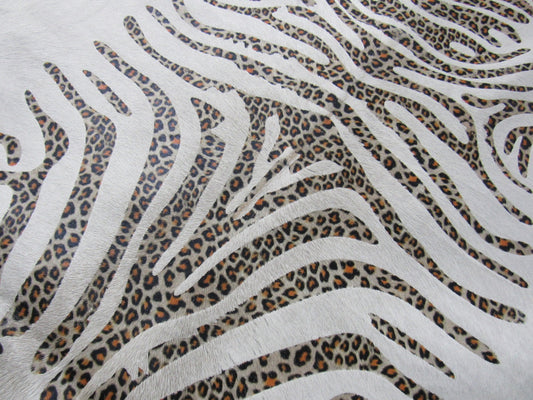 Zebra Print Calfskin Rug with Leopard Pattern on Stripes - Size: 45" x 41" C-1568
