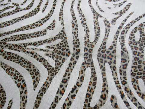 Zebra Pattern Calf Skin Rug with Leopard Pattern on the Stripes Size: 45x41" C-1568