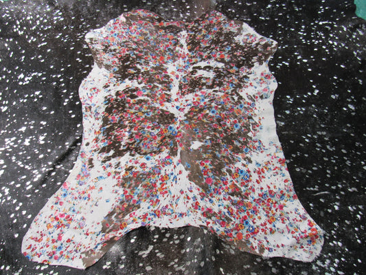 Brown & White Calf Skin Rug with Floral Acid Washed Size: 41x40" C-1569