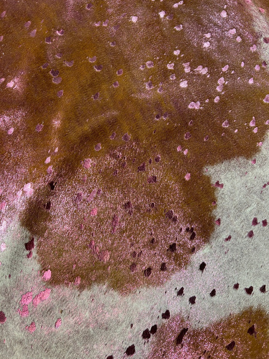 Pink Metallic Acid Washed Brown & White Cowhide Rug Size: 8.2x7 feet C-1821