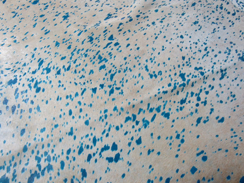 Huge Light Beige Cowhide Rug with Blue Turquoise Acid Washed Size: 9x7.5 feet C-1578