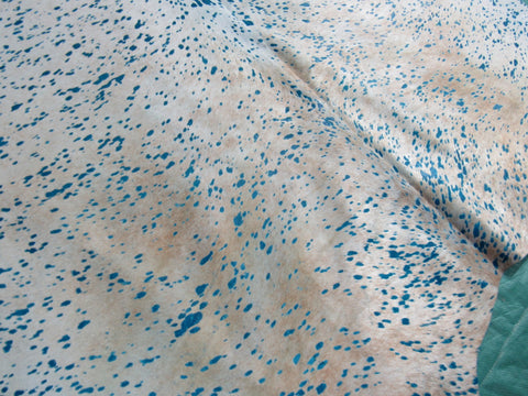 Huge Light Beige Cowhide Rug with Blue Turquoise Acid Washed Size: 9x7.5 feet C-1578