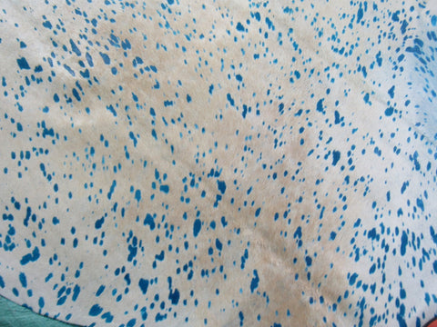 Huge Light Beige Cowhide Rug with Blue Turquoise Acid Washed Size: 9x7.5 feet C-1578