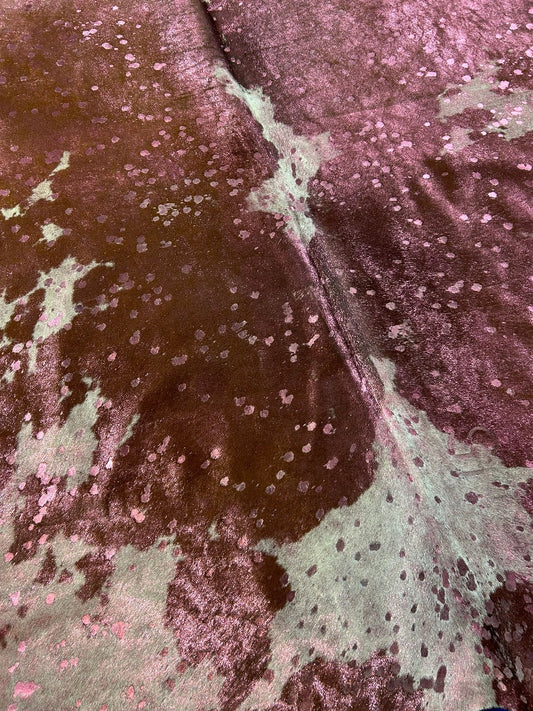 Pink Metallic Acid Washed Brown & White Cowhide Rug Size: 7x6.2 feet C-1822