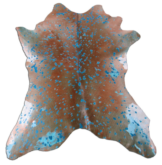 Turquoise Acid Washed Calfskin Size: ~33" X 29" Brown/Turquoise Calf Skin Mini Cowhide Rug