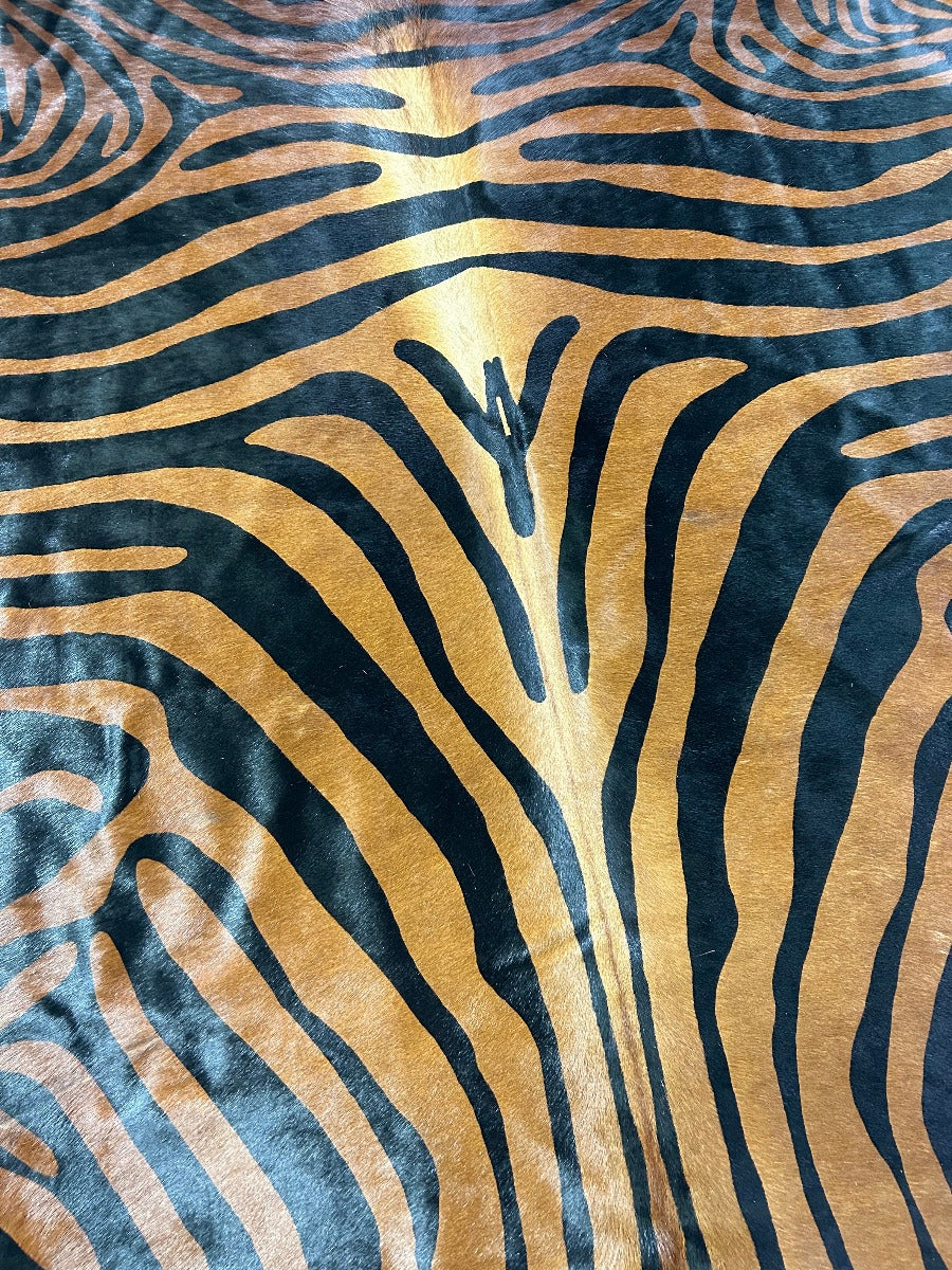 Zebra Cowhide Rug (Black Stripes, Brown Background, can have a bit of white on belly) Size: 7.2x6.5 feet O-342