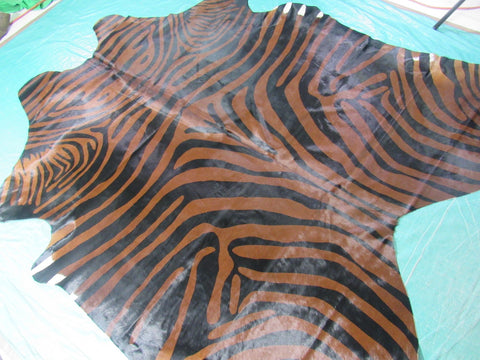 Zebra Cowhide Rug (Black Stripes, Brown Background, a bit of white on belly) Size: 7 1/2x6  1/4 feet K-151a