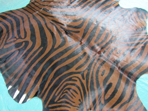 Zebra Cowhide Rug (Black Stripes, Brown Background, a bit of white on belly) Size: 7 1/2x6  1/4 feet K-151a