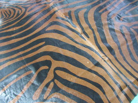 Zebra Cowhide Rug (Black Stripes, Brown Background) Size: 7 1/4x6 3/4 feet K-153a