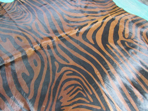 Zebra Cowhide Rug (Black Stripes, Brown Background) Size: 7 1/4x6 3/4 feet K-153a