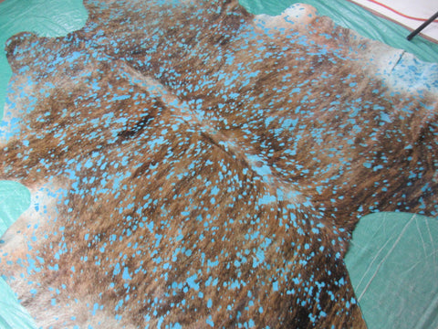 Brindle Cowhide Rug with Turquoise Acid Washed Size: 7x7 feet K-155a