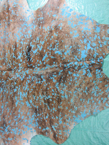 Brindle Cowhide Rug with Turquoise Acid Washed Size: 7x7 feet K-155a