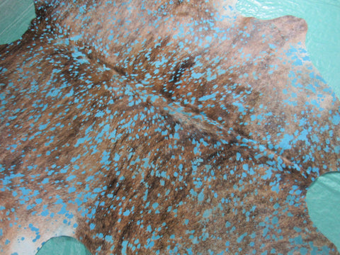 Brindle Cowhide Rug with Turquoise Acid Washed Size: 7x7 feet K-155a