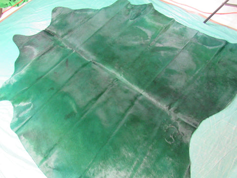 Emerald Green Dyed Cowhide Rug (color not 100% even/has spots see video/1 small hole) Size: 7' x 7' C-1595