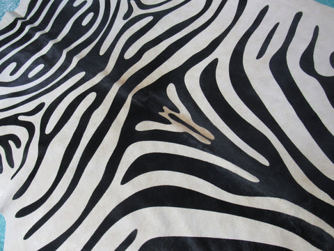 Zebra Print Cowhide Rug with Light Beige Background Size: 6x5 1/4 feet M-1113