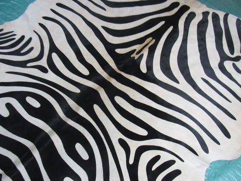 Zebra Print Cowhide Rug with Light Beige Background Size: 6x5 1/4 feet M-1113