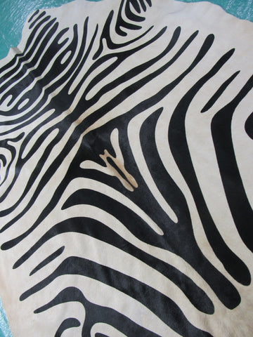 Zebra Print Cowhide Rug with Light Beige Background Size: 6x5 1/4 feet M-1113