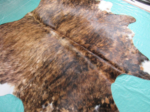 Brown Brindle Cowhide Rug with White Belly - Size: 7 1/4x6 1/4 feet O-1031