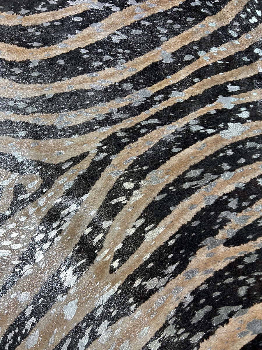 Genuine Zebra Print Cowhide Rug with Silver Acid Washed Metallic Size: 7x5.5 feet C-1863