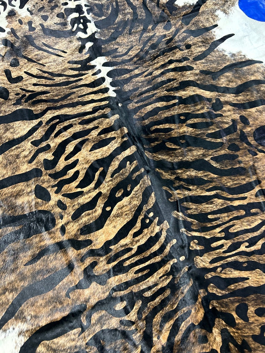 Siberian Tiger Print Cowhide Rug (background is dark brindle white belly) Size: 8x7 feet O-352
