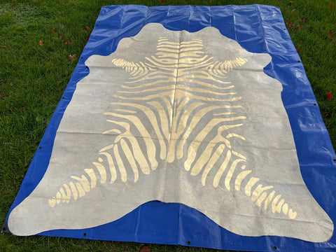 Giant Cowhide Rug with Gold Metallic Zebra Stripes Size: 8x7.2 feet O-1115