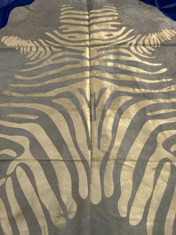 Giant Cowhide Rug with Gold Metallic Zebra Stripes Size: 8x7.2 feet O-1115