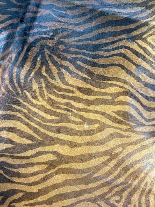 Beautiful Small Tiger Print Cowhide Rug (background is brown 2 tone) Size: 8x7 feet O-366