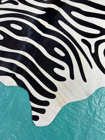 Zebra Cowhide Rug (neck has some subtle beige line/ 1 patch) Size: 6x5.2 feet M-1273