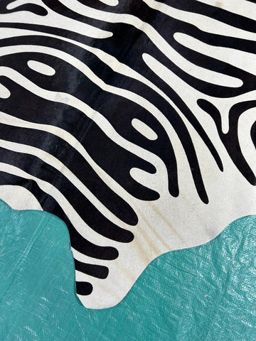 Zebra Cowhide Rug (neck has some subtle beige line/ 1 patch) Size: 6x5.2 feet M-1273