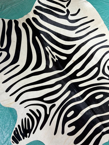 Zebra Cowhide Rug (neck has some subtle beige line/ 1 patch) Size: 6x5.2 feet M-1273