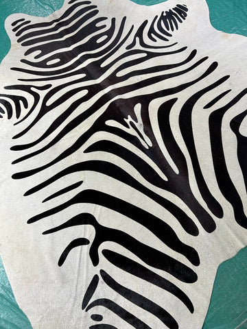 Zebra Cowhide Rug (neck is a little bit grey/ 3 patches) Size: 6x5.5 feet M-1274