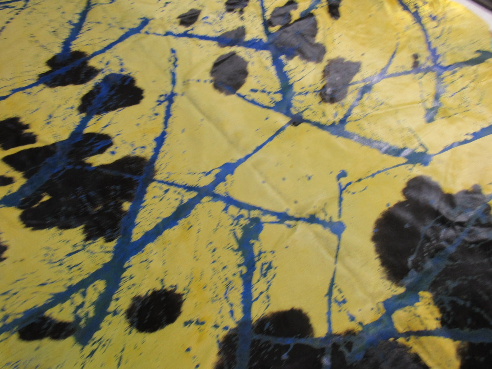 Giant Dyed Yellow Cowhide Rug with Abstract Blue Acid Washed Lines - Size: 8 3/4' x 8' C-1632