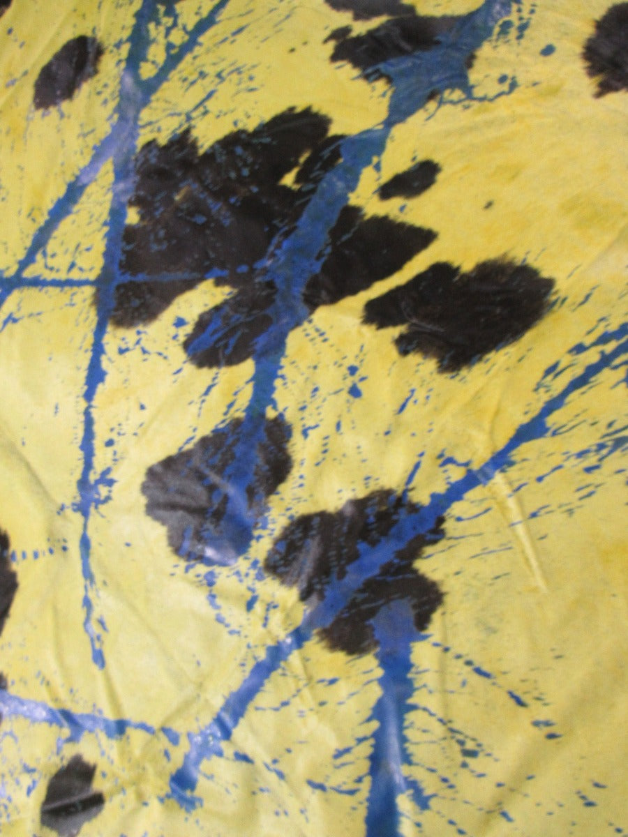 Giant Dyed Yellow Cowhide Rug with Abstract Blue Acid Washed Lines - Size: 8 3/4' x 8' C-1632