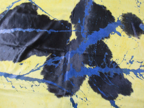 Large Dyed Yellow Cowhide Rug with Abstract Blue Acid Washed Lines (Large size) Size: 8 1/4x7 feet C-1633